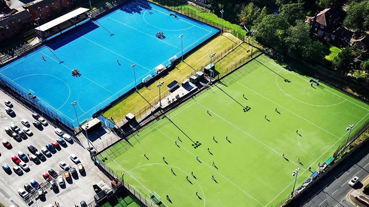 Aerial view of Ackworth School all-weather and grass sports pitches